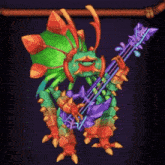 a cartoon monster is playing a guitar in a dark room .