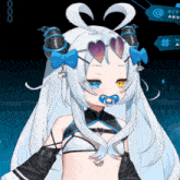 a girl with white hair has a pacifier in her mouth and sunglasses on her head