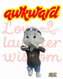 a cartoon character is standing in front of a sign that says awkward love laughter wisdom