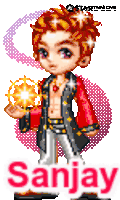 a pixel art of a man with the name sanjay on the bottom