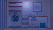 a cartoon illustration of a bathroom with a washing machine and a sink