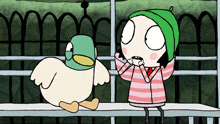 a cartoon of a girl talking to a duck with a green head