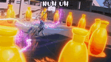 a bunch of yellow bottles with the words " nuh uh " on the top