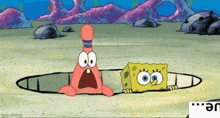a cartoon of spongebob and patrick looking out of a hole in the sand