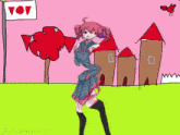 a drawing of a girl standing in front of a sign that says vov