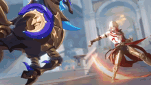 a man with a sword is standing in front of a giant monster