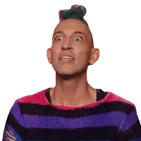 a man wearing a pink and purple striped sweater looks up at something
