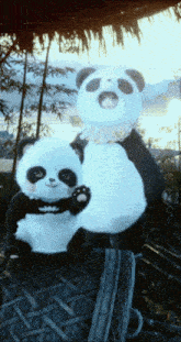 two panda bears are standing next to each other on a chair