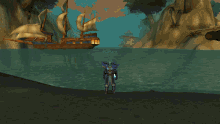 a person in a video game is standing in front of a ship and the name nanmac is displayed on the screen