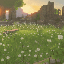a man holding a sword in a field of flowers with the word hyaa below him
