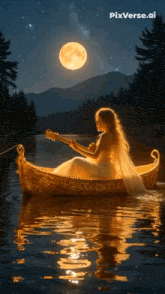 a woman is sitting in a boat playing a guitar under a full moon