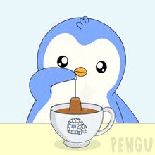 a penguin is sitting at a table with a cup of tea and the word pengu on the bottom