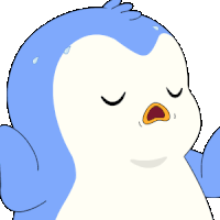 a blue and white penguin with its eyes closed and sweat coming out of its nose