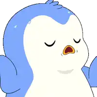 a blue and white penguin with its eyes closed and sweat coming out of its nose
