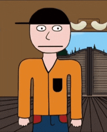 a cartoon of a man wearing an orange jacket