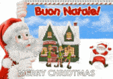 a cartoon of santa claus holding a sign that says merry christmas .