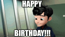 a cartoon boy is smiling and says happy birthday !!