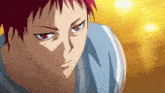 a close up of a person with red hair and black eyes