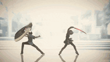 a man with a sword and shield stands next to another man with a sword