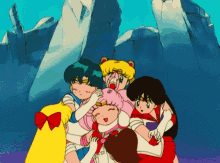 a group of anime characters are hugging each other in front of a mountain