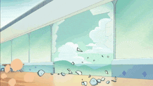 a group of cartoon characters standing in front of a broken wall