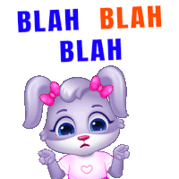 a cartoon bunny says blah blah blah in blue and orange letters