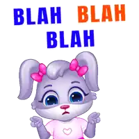 a cartoon bunny says blah blah blah in blue and orange letters