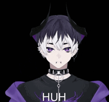 a boy with horns is wearing a choker and a black shirt that says huh