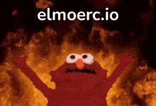 elmo from sesame street is on fire with his arms outstretched and the words elmoerc.io above him .