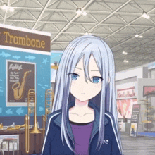 a girl with long white hair is standing in front of a sign that says trombone
