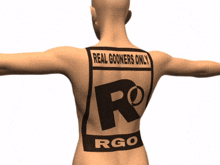 a man has a sticker on his back that says ' real gooners only '