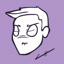 a cartoon drawing of a man 's face with a purple background