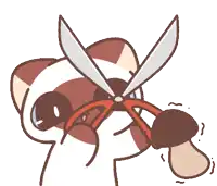 a brown and white cat is holding a pair of scissors and a mushroom