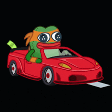 a cartoon frog is driving a red car with a dollar bill flying out of the window