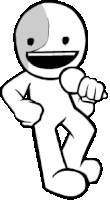a black and white drawing of a cartoon character pointing at the camera with a smile on his face .