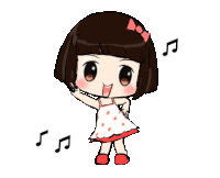 a cartoon girl in a red and white dress is dancing with music notes around her