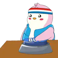 a penguin is pressing a blue buy button