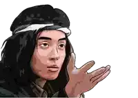 a cartoon drawing of a man with long hair wearing a hat