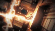 a person is flying through the air in a room with a lot of fire coming out of it .