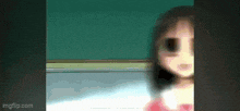 a pixel art of a girl with big eyes standing in front of a chalkboard .