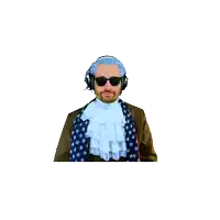 a man wearing headphones and a blue wig is dancing on a white background