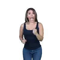 a woman wearing a black tank top and blue jeans is making a surprised face