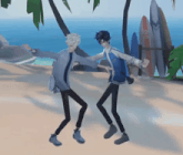 a couple of cartoon characters dancing on a beach with surfboards in the background