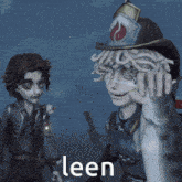 a man in a fireman 's hat is holding a fish and the word leen is on the bottom of the image