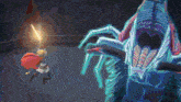 a pixel art of a man holding a sword in front of a giant monster