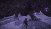 a purple lightning strikes a rocky area with a monster in the background