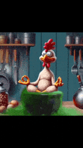 a cartoon chicken sits in a lotus position in a bowl of green liquid
