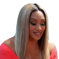 a woman with blonde hair is wearing a red off the shoulder shirt