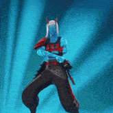 a cartoon character with horns is standing in front of a blue background .