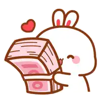 a cartoon rabbit is holding a stack of money with a heart above it